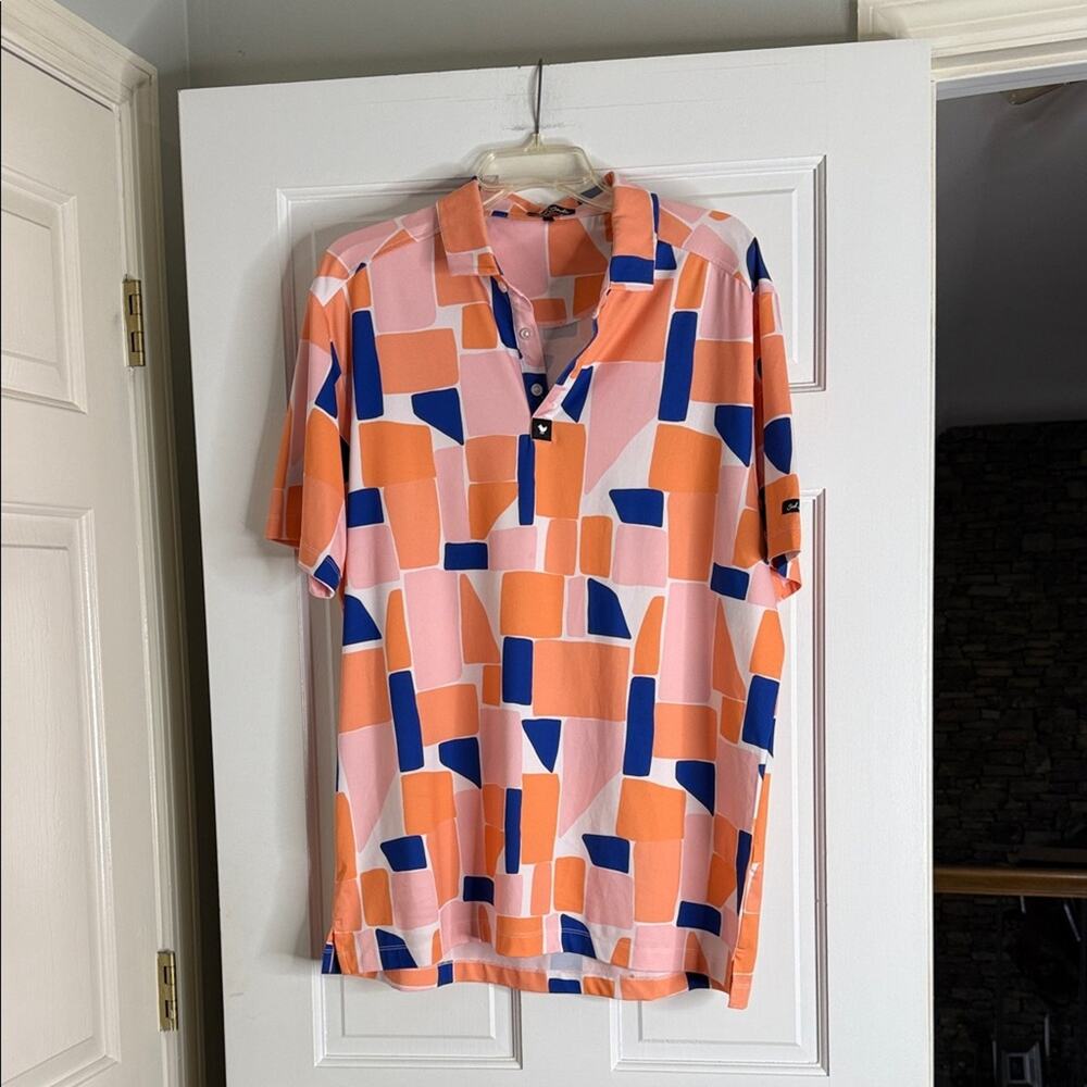 Bad Birdie Geometric Pink and Orange Polo. AOP. XL